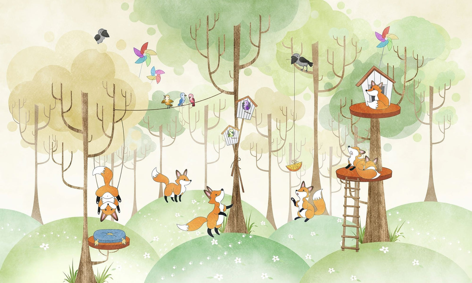 Woodland fox wall mural featuring playful foxes, treehouses, and a lush green forest; perfect for nursery, kid's bedroom or playroom décor.