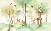 Woodland fox wall mural featuring playful foxes, treehouses, and a lush green forest; perfect for nursery, kid's bedroom or playroom décor.