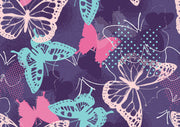 Butterfly wall mural featuring teal, pink, and purple butterfly designs on a textured dark purple background, perfect for adding elegance to bedrooms or creative spaces.