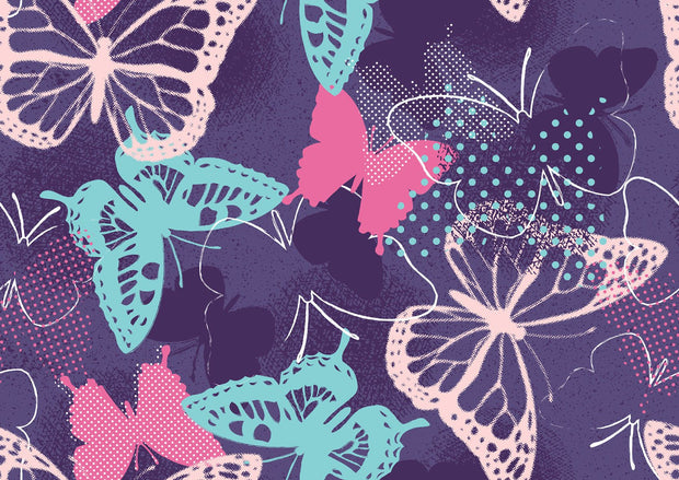 Butterfly wall mural featuring teal, pink, and purple butterfly designs on a textured dark purple background, perfect for adding elegance to bedrooms or creative spaces.
