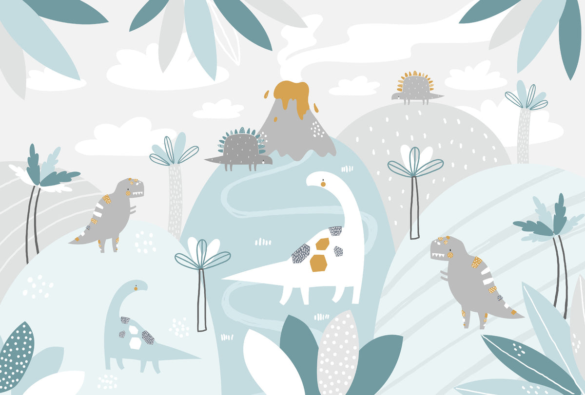 Pastel dinosaur wall mural with friendly dinosaurs, volcano, and soft greenery in muted colors, ideal for decorating nurseries, playrooms, and kids’ bedrooms.