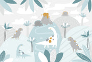 Pastel dinosaur wall mural with friendly dinosaurs, volcano, and soft greenery in muted colors, ideal for decorating nurseries, playrooms, and kids’ bedrooms.