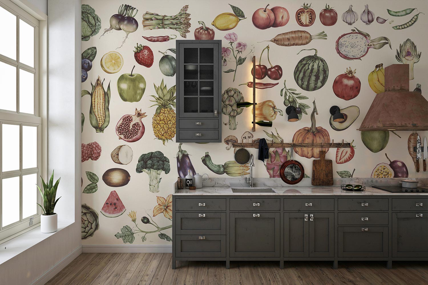 Hand Drawn Vegetables And Fruits Wallpaper Mural image 0