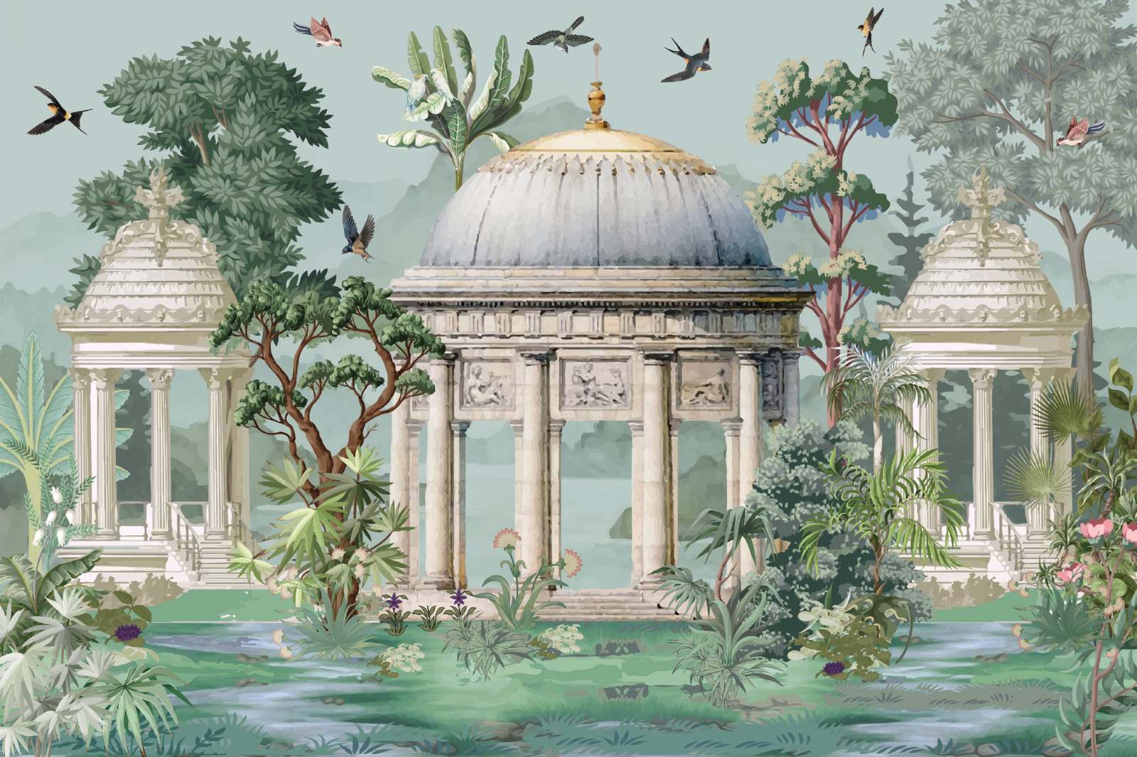 Grand architectural wall mural featuring classical domes, ornate columns, and lush botanical greenery, styled in an elegant modern interior.