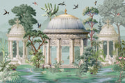 Grand architectural wall mural featuring classical domes, ornate columns, and lush botanical greenery, styled in an elegant modern interior.