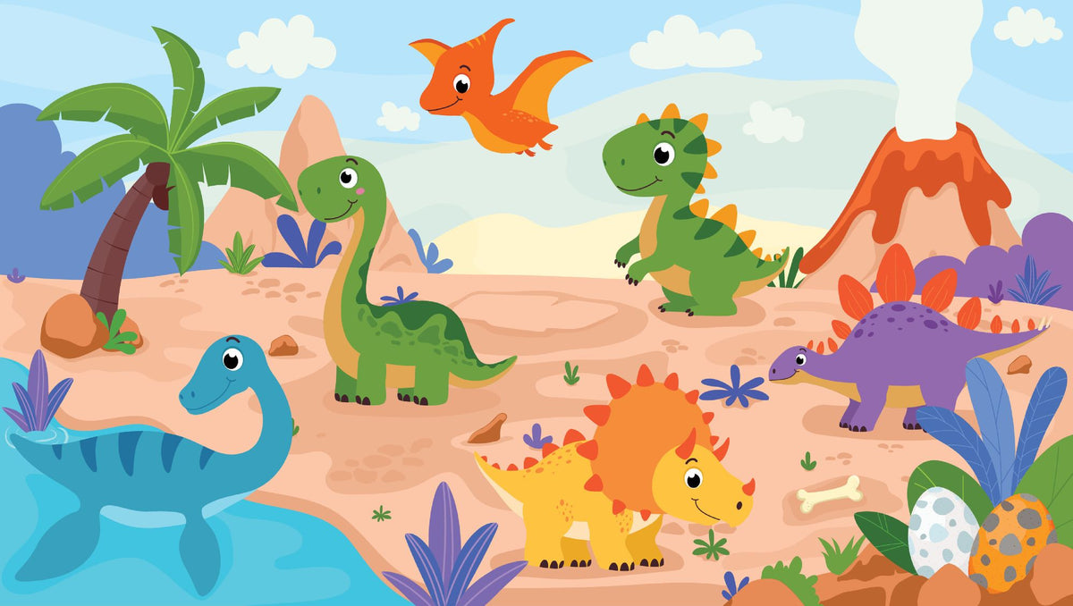 Playful cartoon dinosaur wall mural featuring friendly dinosaurs, a prehistoric landscape, volcanoes, and palm trees in bright, colorful tones for kid's rooms.