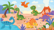 Playful cartoon dinosaur wall mural featuring friendly dinosaurs, a prehistoric landscape, volcanoes, and palm trees in bright, colorful tones for kid's rooms.