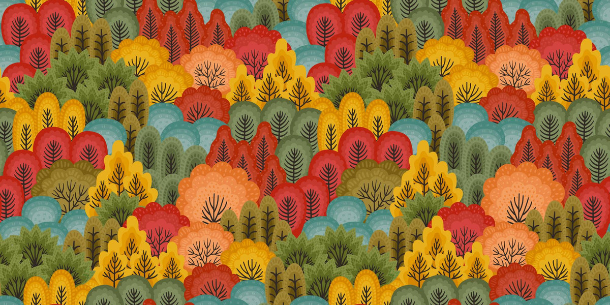 Vibrant Forest Wall Mural featuring colorful abstract trees in red, orange, green, and blue tones, ideal for modern and artistic interiors.
