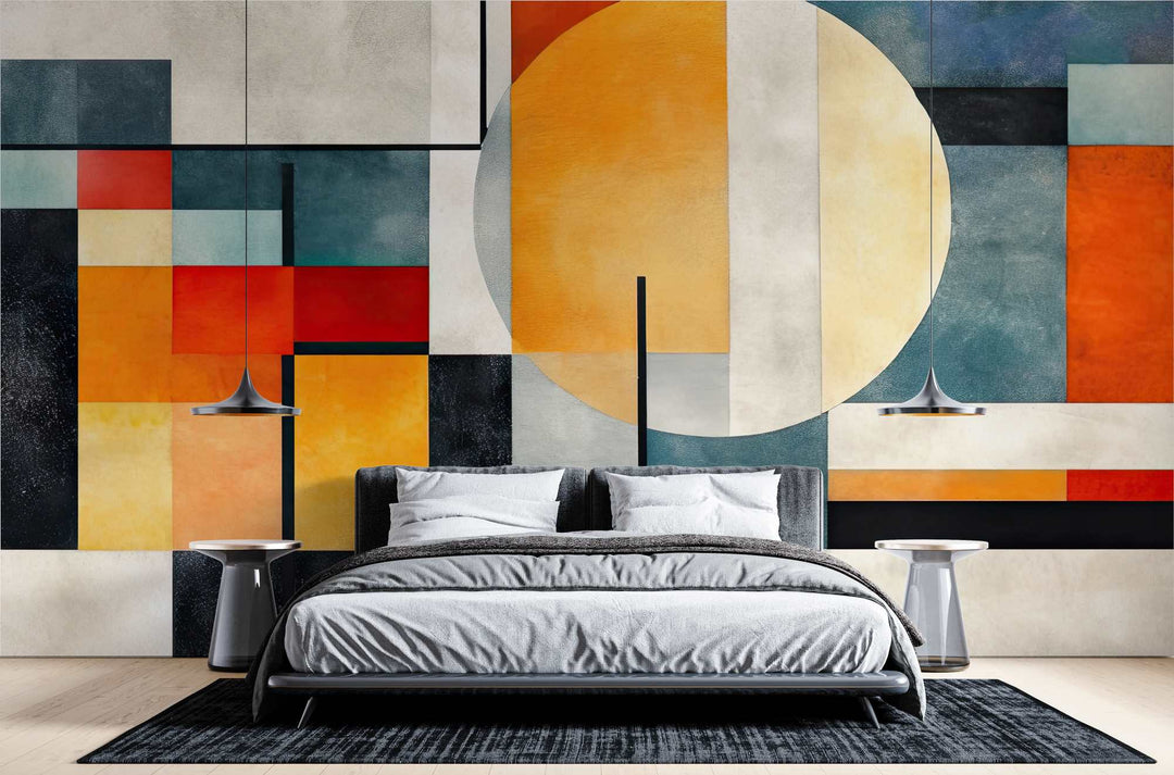 Abstract Architecture Wall Mural with colorful geometric shapes decorating a bedroom.