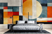 Abstract Architecture Wall Mural with colorful geometric shapes decorating a bedroom.