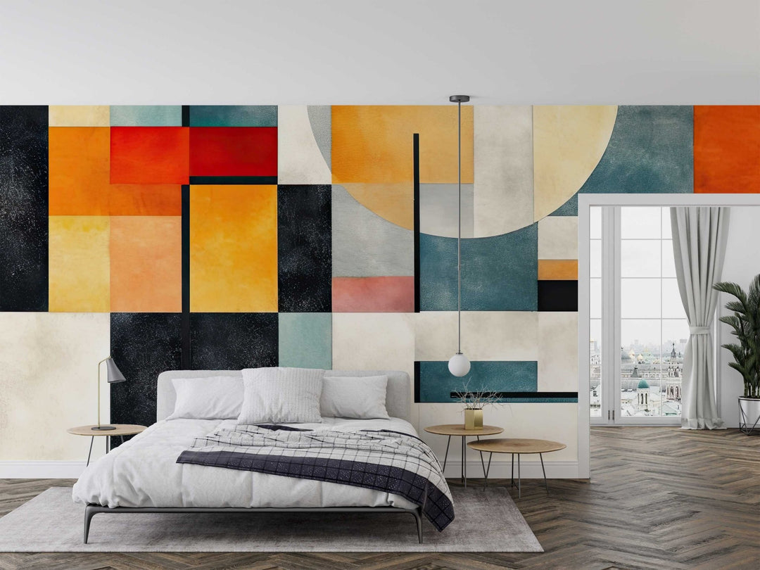 Abstract Architecture Wall Mural with colorful geometric shapes decorating a bedroom.