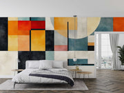Abstract Architecture Wall Mural with colorful geometric shapes decorating a bedroom.