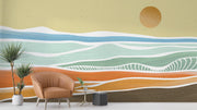 Minimalist abstract beach wall mural with pastel ocean waves, warm sand tones, and a contemporary artistic design – perfect for modern interiors.