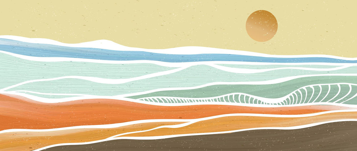 Minimalist abstract beach wall mural with pastel ocean waves, warm sand tones, and a contemporary artistic design – perfect for modern interiors.