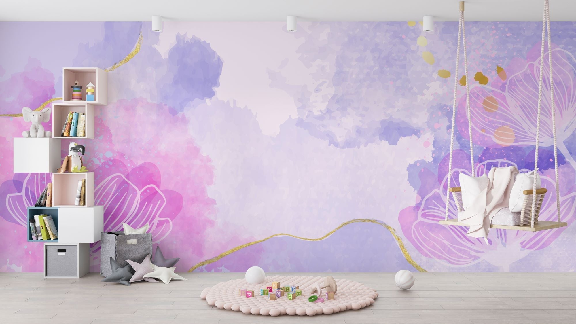 Watercolor flower-themed mural in pink, purple, and lavender with gold accents, decorating kid's playroom.