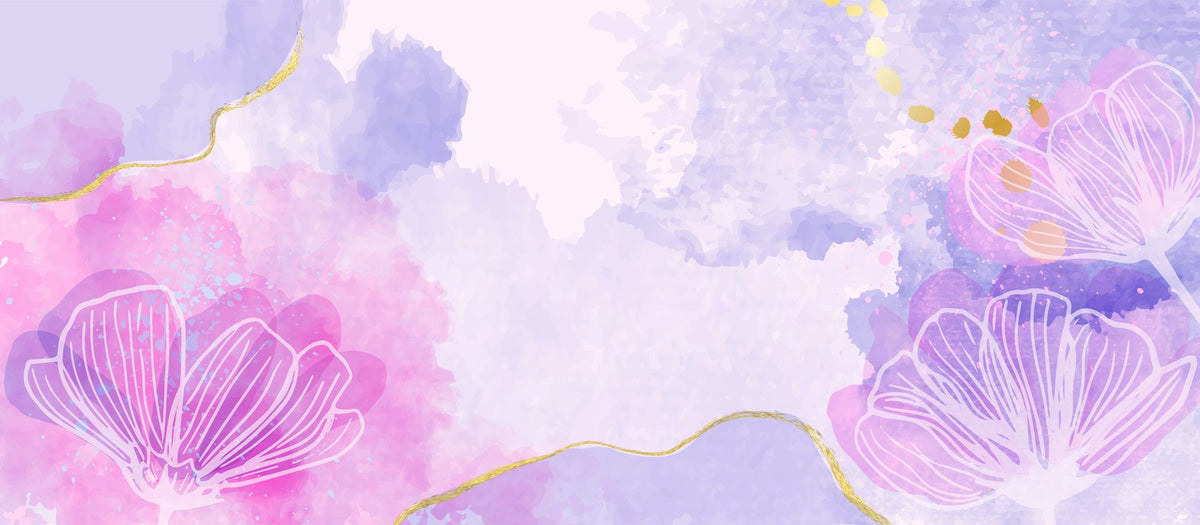 Watercolor flower-themed mural in pink, purple, and lavender with gold accents.