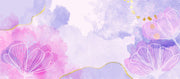Watercolor flower-themed mural in pink, purple, and lavender with gold accents.