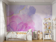 Watercolor flower-themed mural in pink, purple, and lavender with gold accents, decorating kid's bedroom.