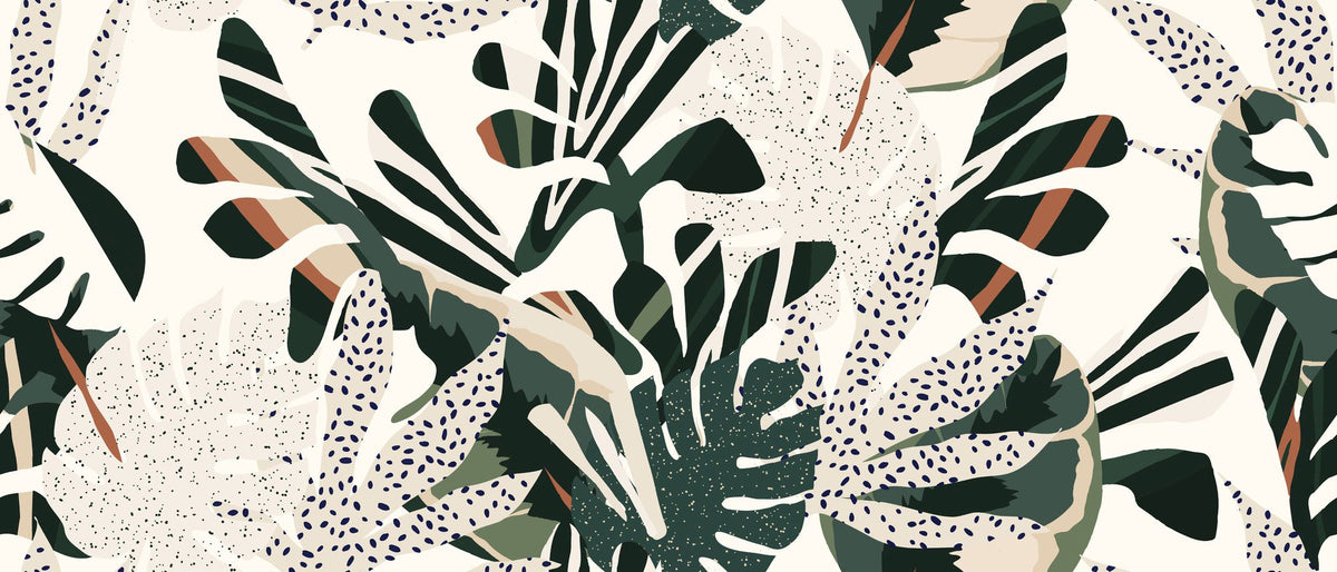 Lush foliage wall mural with bold green, beige, and rust botanical patterns and abstract dotted accents.