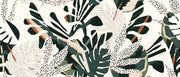 Lush foliage wall mural with bold green, beige, and rust botanical patterns and abstract dotted accents.