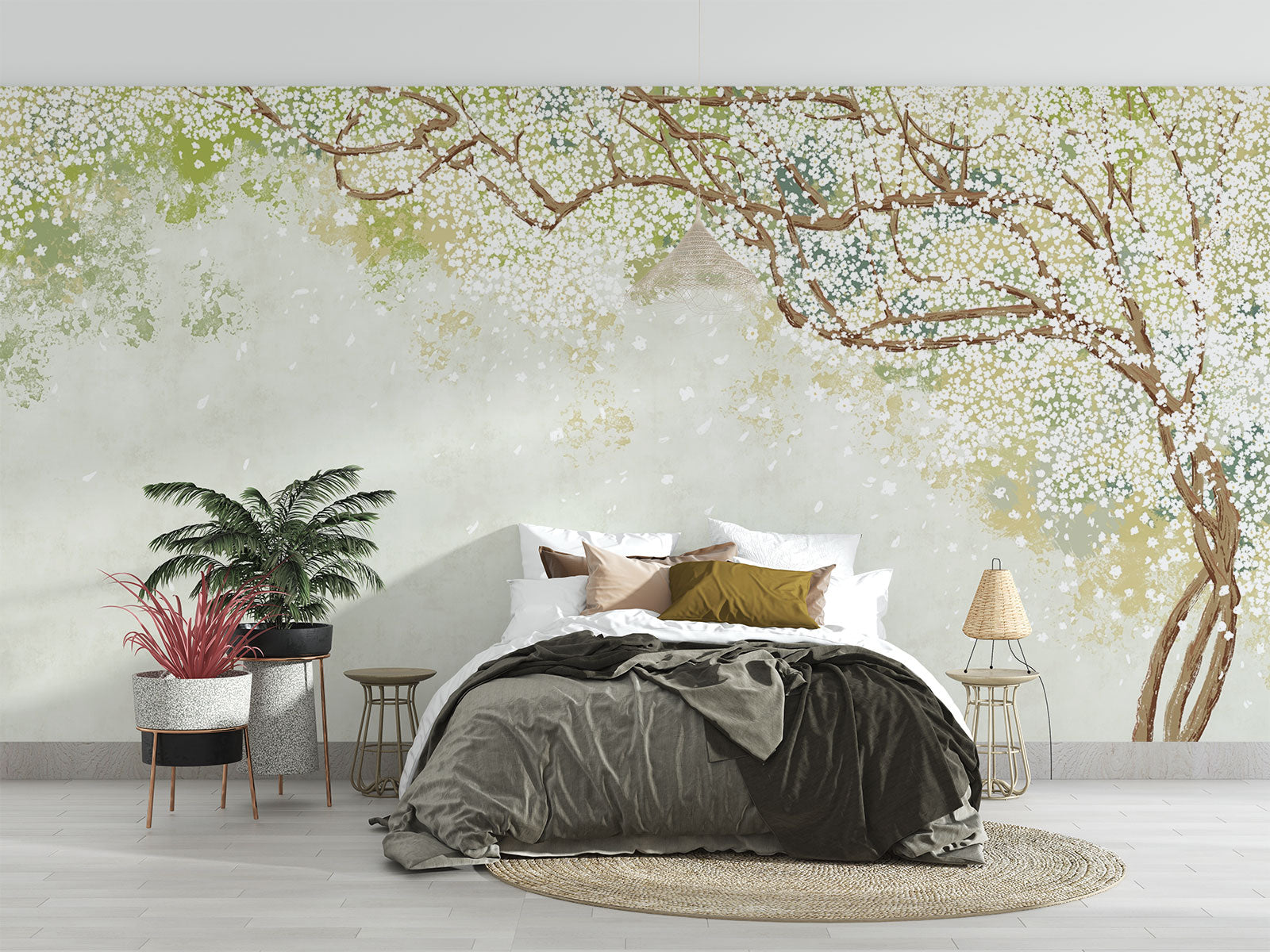 Elegant Blossom Wall Mural showcasing delicate floral branches with white blooms and a soft green gradient background, ideal for bedroom decor.