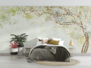 Elegant Blossom Wall Mural showcasing delicate floral branches with white blooms and a soft green gradient background, ideal for bedroom decor.