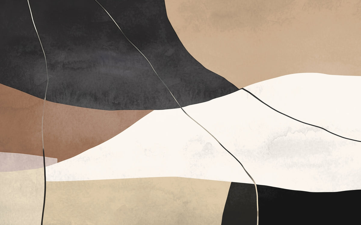 Neutral abstract wall mural artwork with beige, ivory and charcoal curves crossed by fine flowing lines