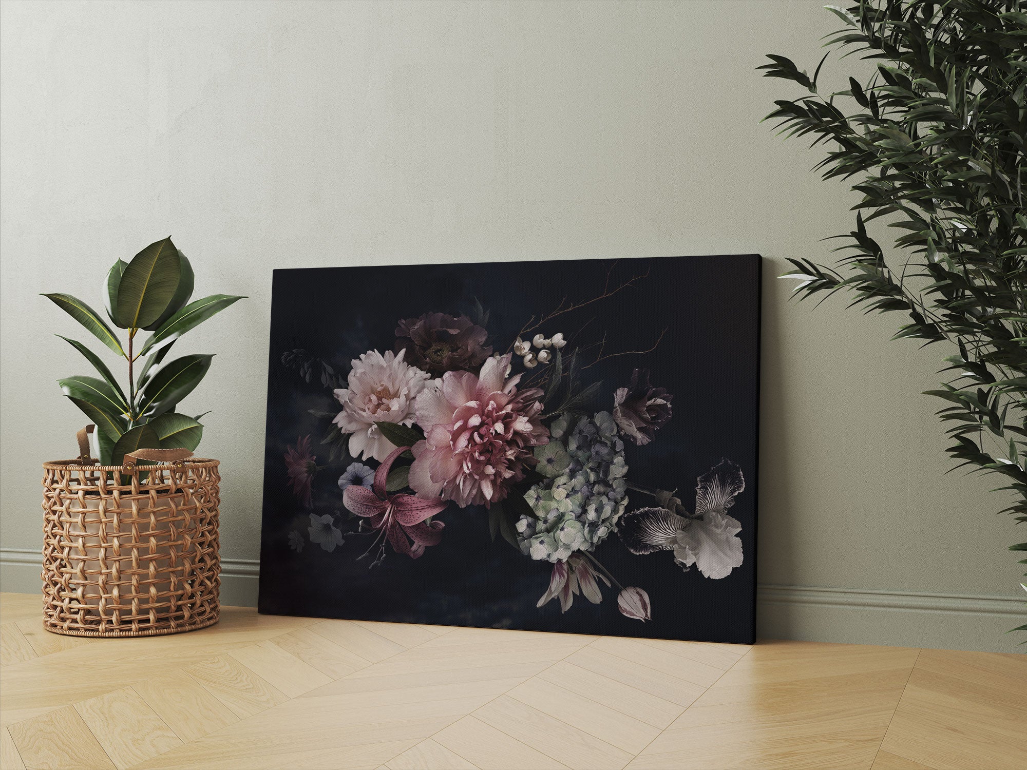 Peonies On A Dark Background Natural Canvas image 0
