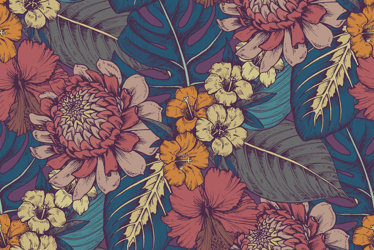 Leaves and flowers wall mural image 1