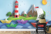Paper boat and lighthouse wall mural image 3