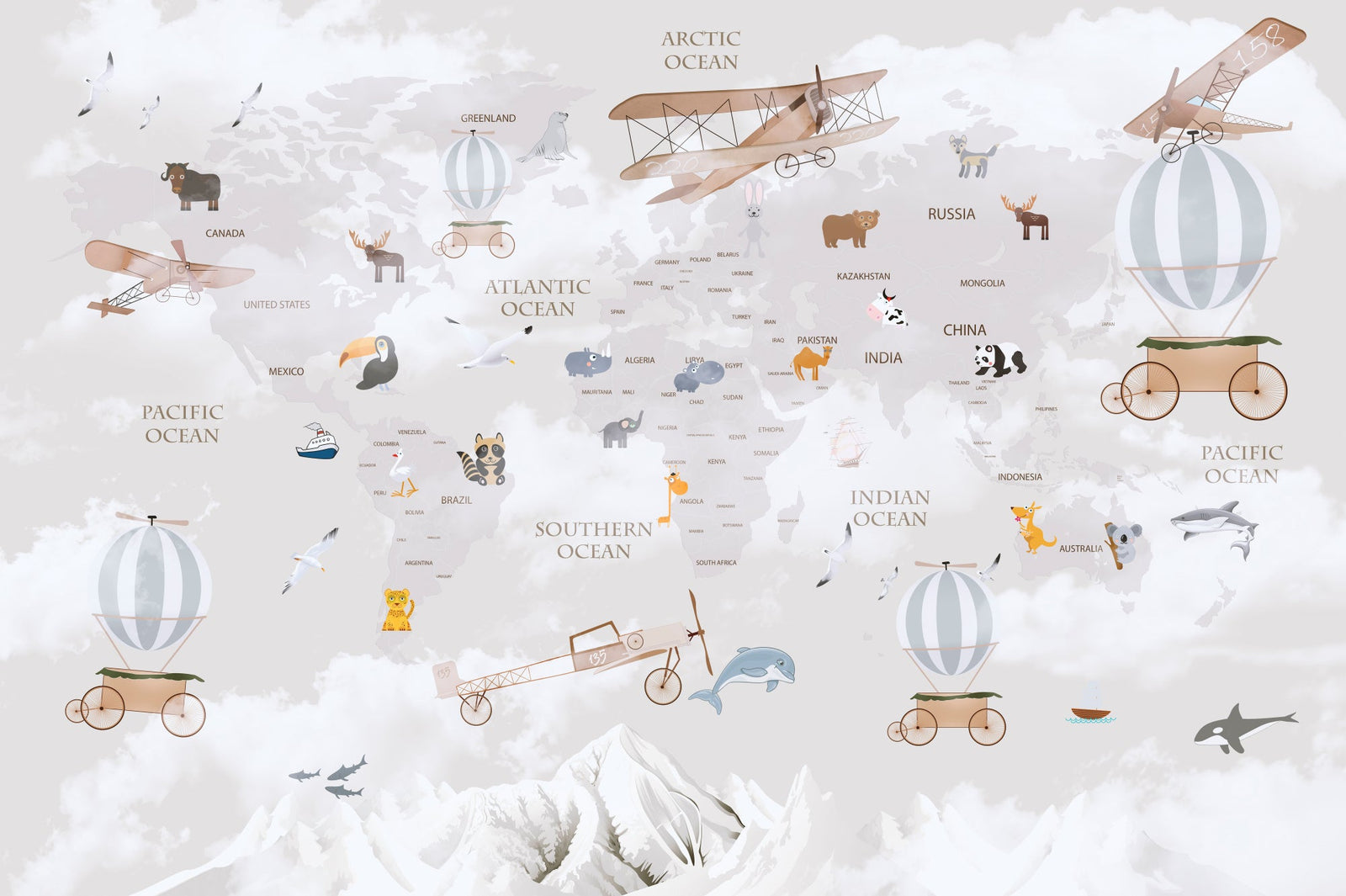 Whimsical world map wall mural featuring illustrated continents, animals, vintage aeroplanes, and hot air balloons.