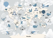 Children’s world map wall mural with cute animals, ocean creatures, and pastel sky background – perfect for kid's rooms and nurseries.