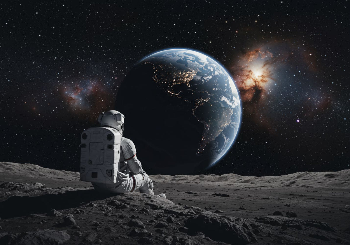 Wall mural of an astronaut sitting on the moon, gazing back at the Earth.