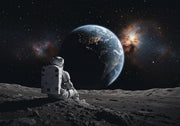 Wall mural of an astronaut sitting on the moon, gazing back at the Earth.