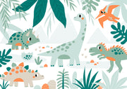 Kids’ bedroom wall mural featuring cute dinosaurs like triceratops, sauropod, and pterodactyls in a soft leafy landscape design.