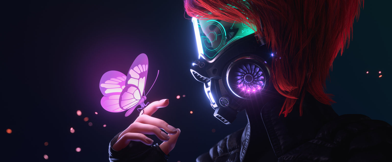 Person wearing a futuristic helmet with a glowing butterfly in the dark
