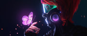 Person wearing a futuristic helmet with a glowing butterfly in the dark