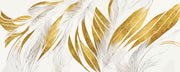 Modern abstract wall mural with golden and beige feather leaf patterns.
