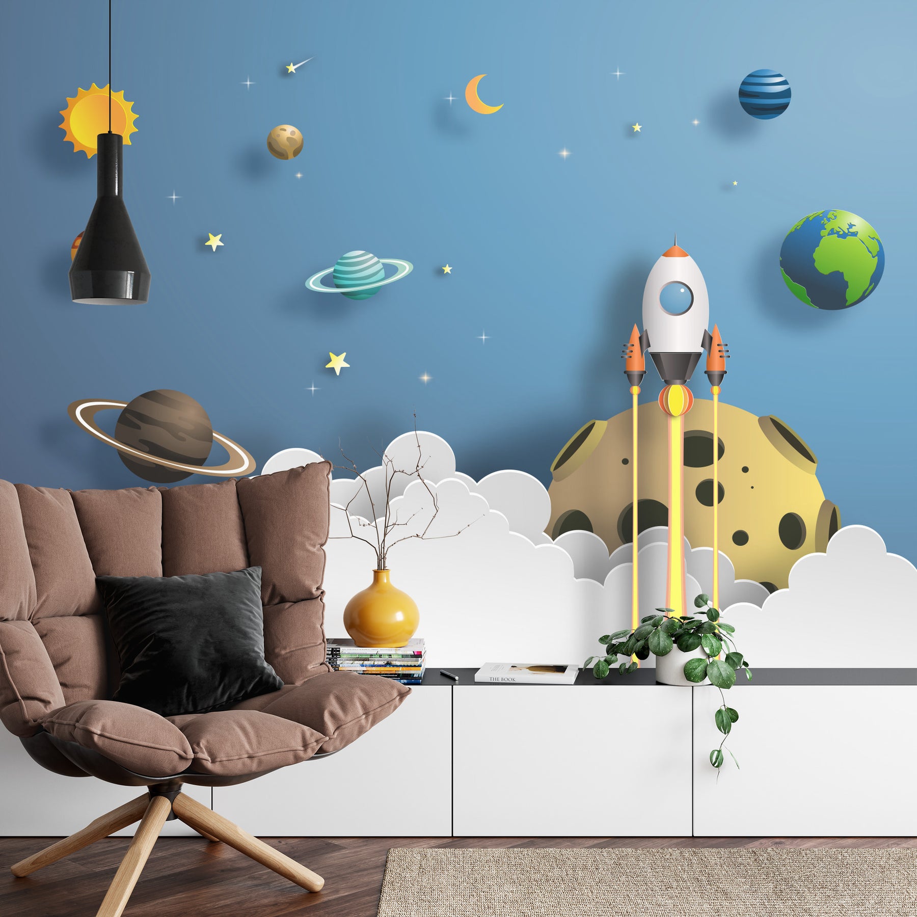 Papercut rocket in space wall mural image 0