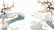 Crane Symphony Wall Mural – Elegant gold-accented cranes flying over ocean waves with cherry blossoms in a Japanese-inspired design.