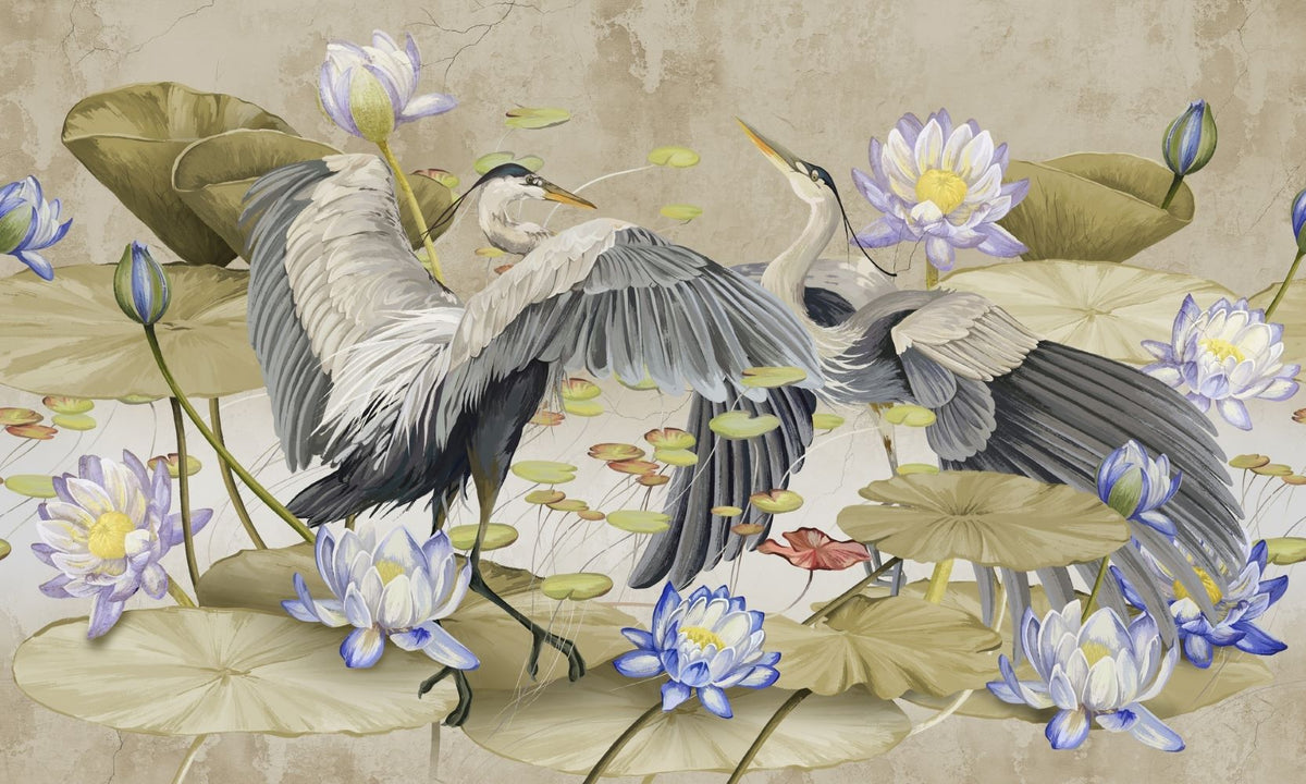 Elegant Heron & Lotus Pond Wall Mural with elegant birds in mid-flight, soft-toned lotus flowers, and floating lily pads. 
