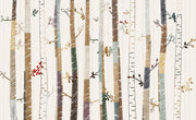 Forest trees wall mural featuring hand-drawn birch trees with colorful birds and leaves, ideal for nursery or baby room decor.