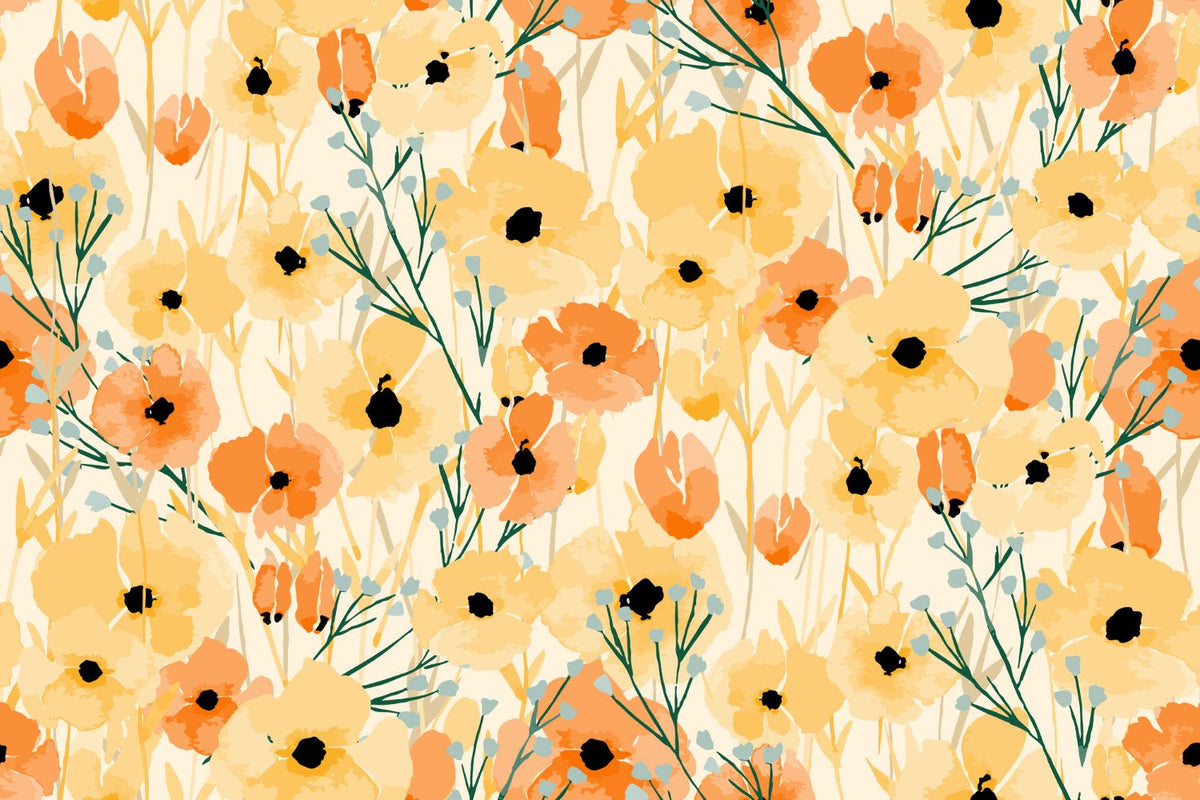 Bright poppy floral wall mural with bold yellow, orange, and green accents.