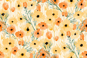 Bright poppy floral wall mural with bold yellow, orange, and green accents.