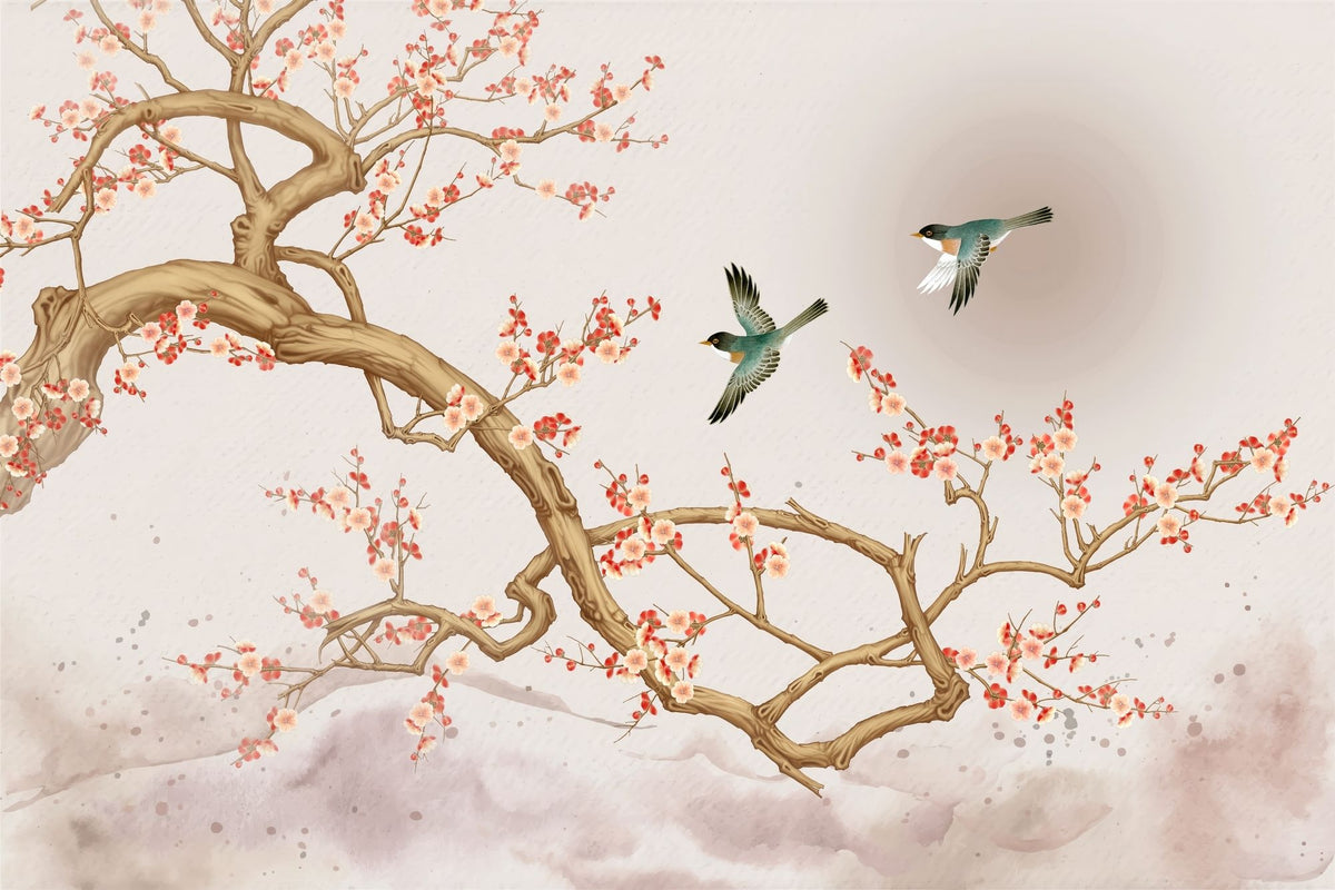 Chinoiserie-style wall mural featuring blooming cherry blossoms, elegant birds in flight, and a soft watercolor-inspired background with a subtle sun.