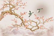Chinoiserie-style wall mural featuring blooming cherry blossoms, elegant birds in flight, and a soft watercolor-inspired background with a subtle sun.