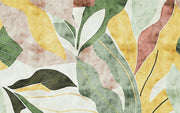Abstract watercolor leaf wall mural with earthy green, yellow, and terracotta tones in a modern botanical design.