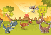 Colorful dinosaur wall mural with smiling dinosaurs, erupting volcanoes, and a sunny prehistoric landscape for kids' rooms and nurseries.