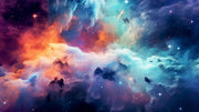 Celestial Dreams galaxy wall mural with colorful nebula clouds in orange, blue, and purple tones.
