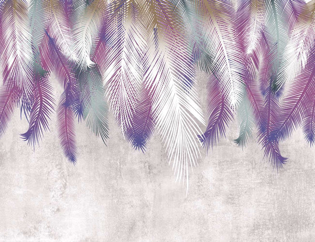 Modern Tropical Palm Leaf Wall Mural – Ombre Gradient Botanical Wallpaper with Cascading Palm Fronds in Purple, Green, and White Over a Textured Background.